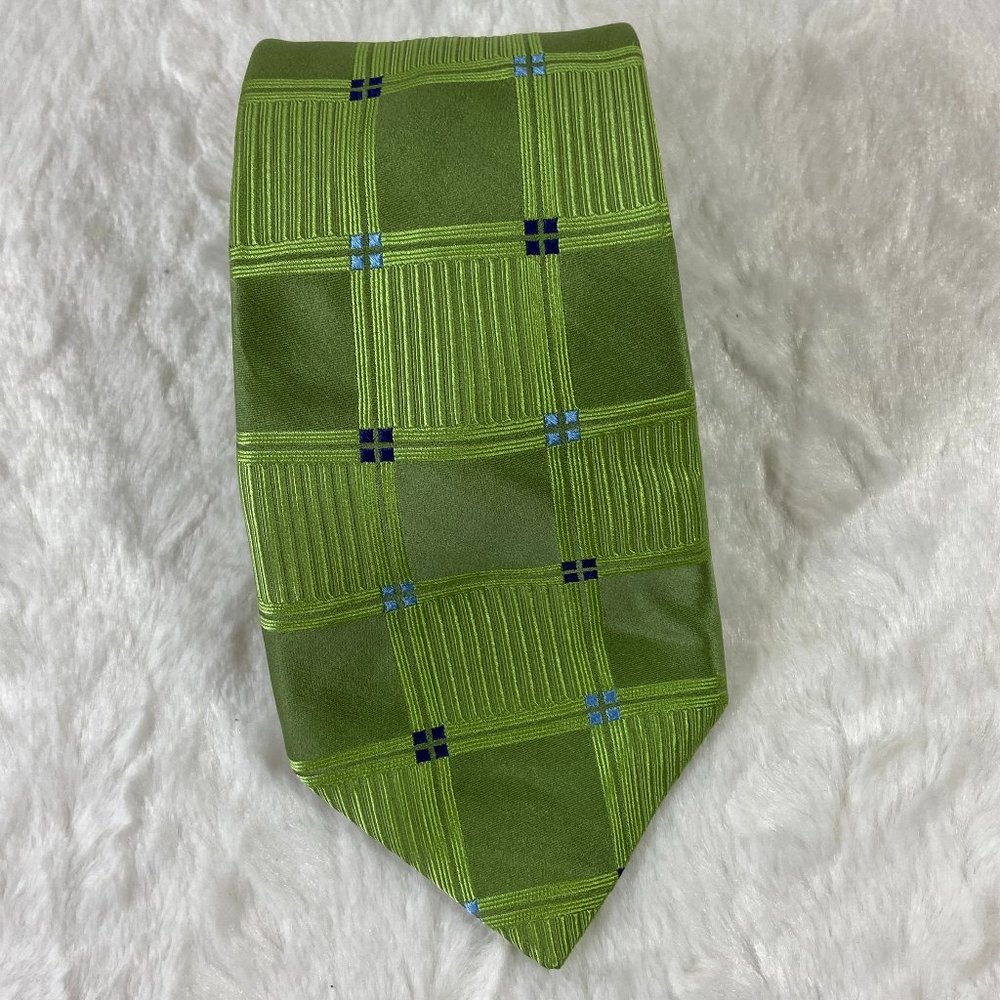 MICHAEL Michael Kors Lime Green and Blue Square Pattern 100% Silk Necktie Tie - Picture 2 of 6